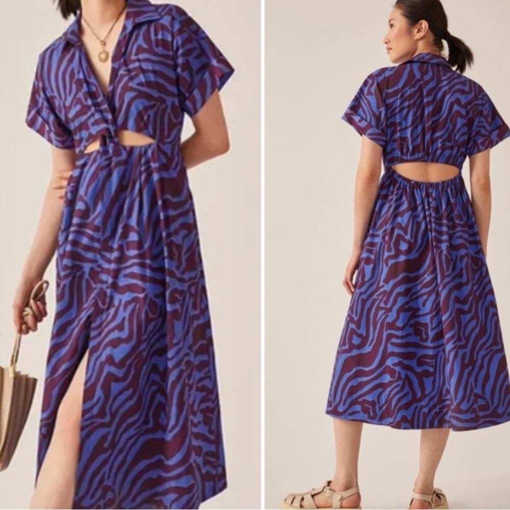 Anthropologie Zebra Print Twist Waist Midi Dress Cutout Resortwear Sz S